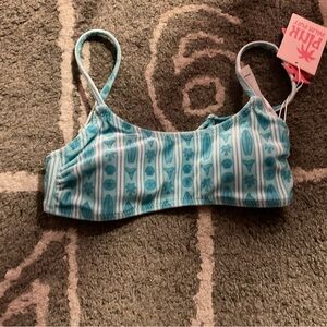 Pink Palm Puff Light Blue Stripe Bikini Top